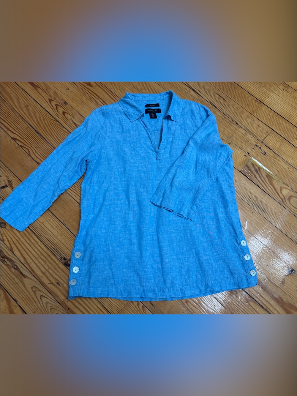 TAHARI 100% Linen Tunic Top blue M